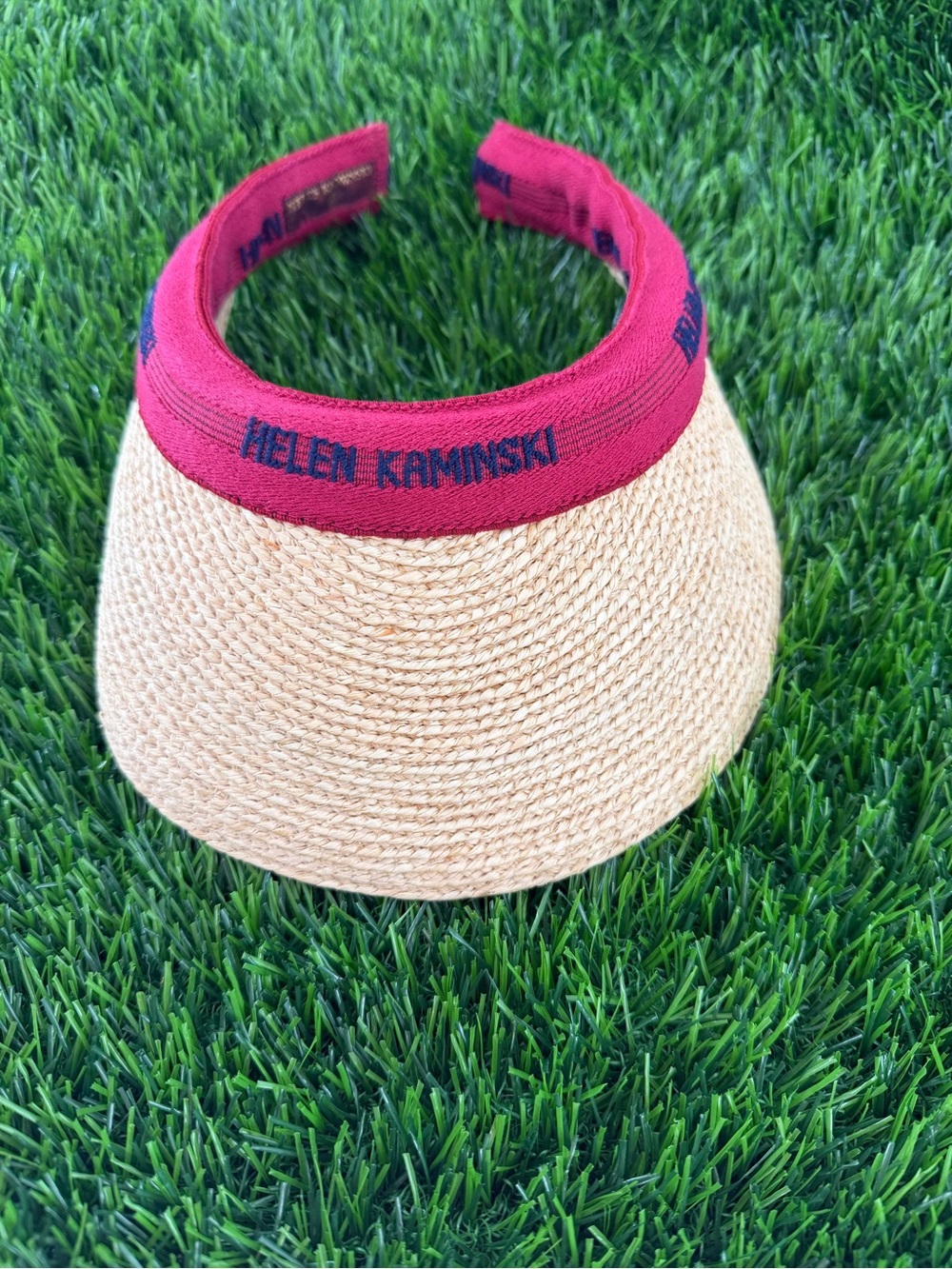 Helen Kaminski Raffia Straw Visor Red Natural Tan Sun Hat Wide Brim